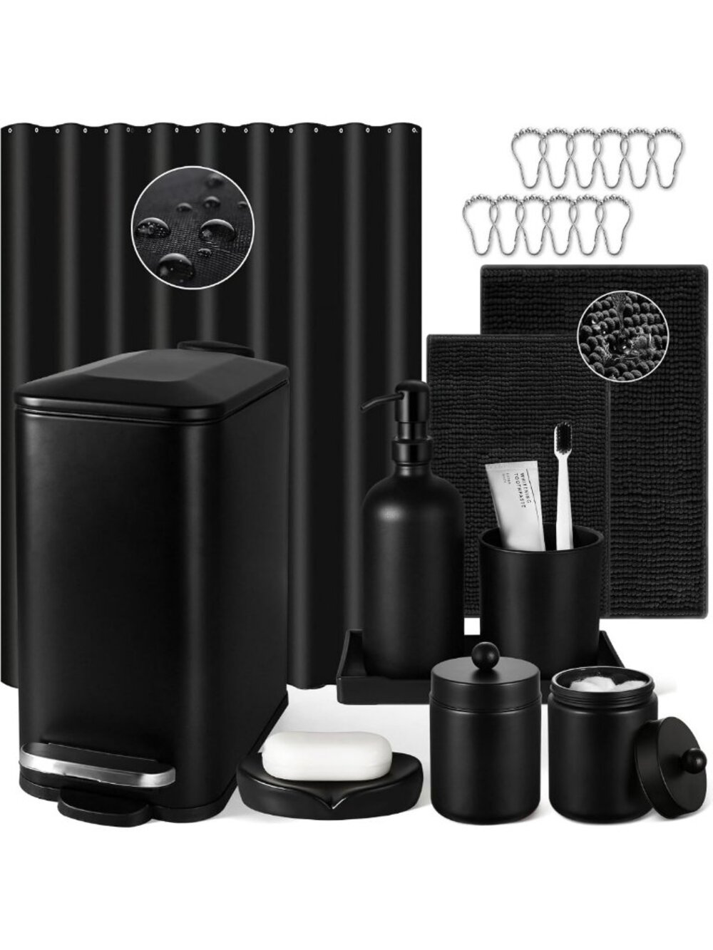 Modern 22-Piece Black Bathroom Set with Shower Curtain, Rugs & Accessories